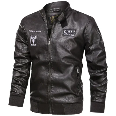 MAIDANGDI Men's Leather Jacket Embroidered High Neck Motorcycle Style Windproof Top with Large Pockets 4xl Artificial Leather