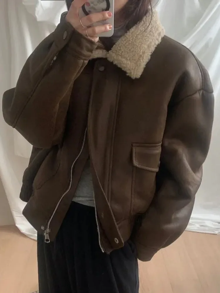 

Retro Winter Loose Fit Zipper Sle Suede Cotton Jaet Women's Trendy Collar Fur Trim Outerwear Chic Slimming Effect
