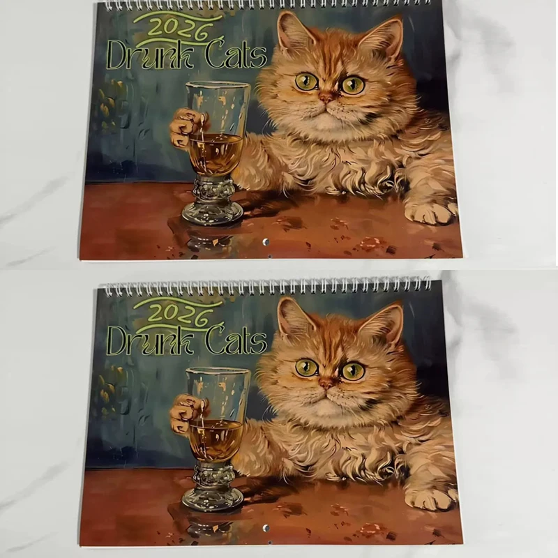 

Настенный календарь с кошками, 2026, милый пьяный кот, календарь с мультяшным рисунком, ежемесячный настенный календарь для детей, любителей кошек-подростков