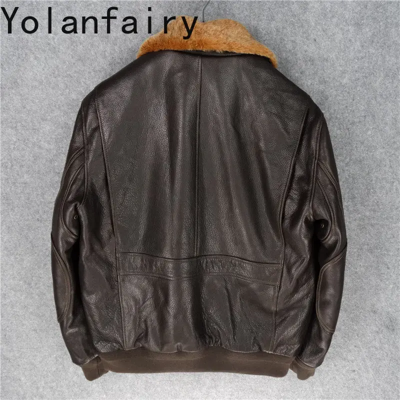 YOLANFAIRY Genuine Leather Jacket Men High Quality 100% Top Layer Cowhide Real Leather Coat Detachable Fur Collar Quilted Lining