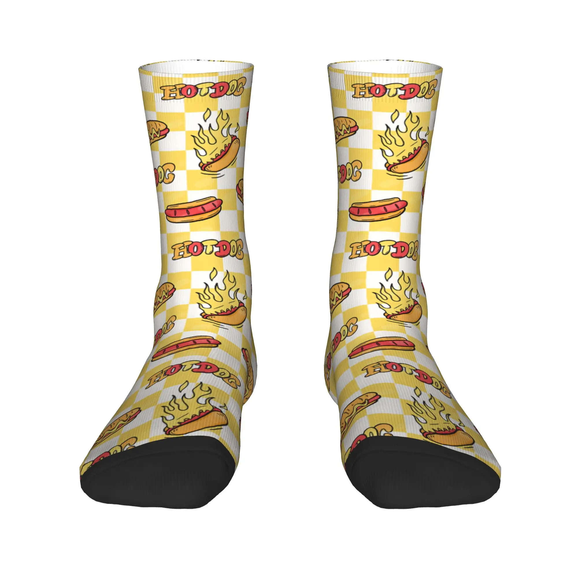 Checkered Background Fire Hot Dog Seamless Pattern Socks  Casual Stockings Men Comfortable Outdoor Sports Socks Non Slip Socks