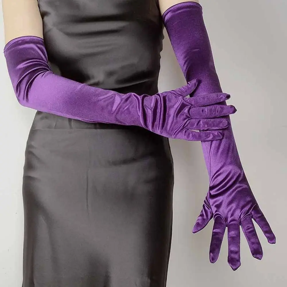Women's Elegant Long Satin Glove Candy Color Elastic Sunscreen Driving Glove Female Spring Summer 55CM Wedding Dress Mittens
