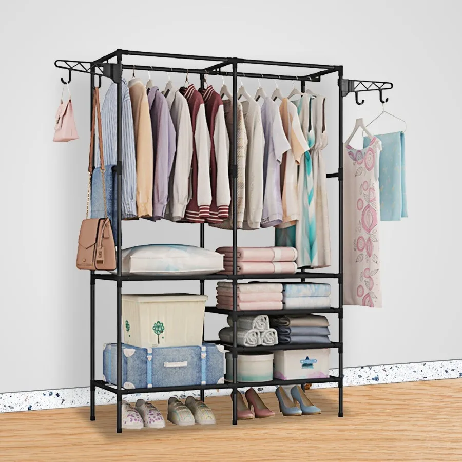 

Metal Garment Rack Shoe Clothing Organizer Shelves Freestanding Multifunctional Clothes Wardrobe