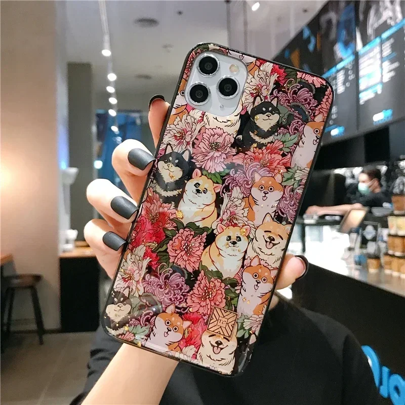 Cute Cartoon Silicone Case For iPhone 16 15 14 13 12 11 Pro Max Plus Flower Shiba Inu Dog Sloth Leopard Glitter Shockproof Cover