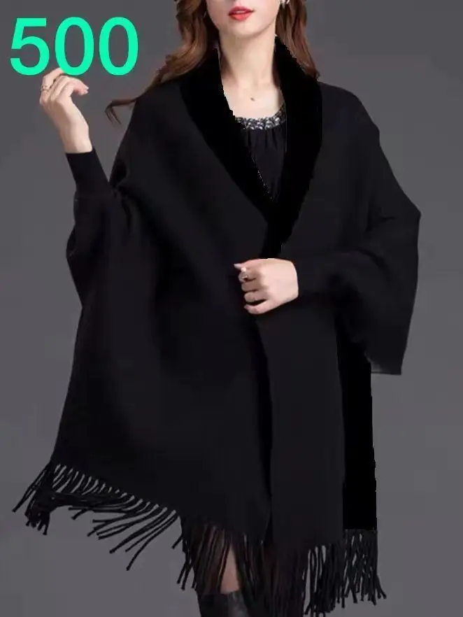 2024 Black Grey Plus Size Out Wear Winter Knitted Poncho Women Solid Design Cloak Female Long Batwing Sleeves Coat Vintage Shawl