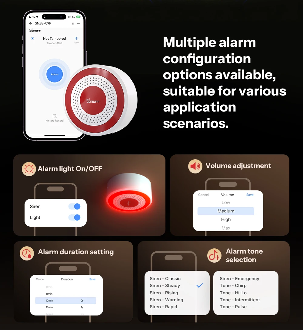 SONOFF SNZB-09P Zigbee SenseGuard Innensirene, lauter Alarm, benutzerdefinierte Alarmtöne, Ton-Licht-Alarm, duale Stromversorgung, Zigbee-Sicherheit – Detail 4