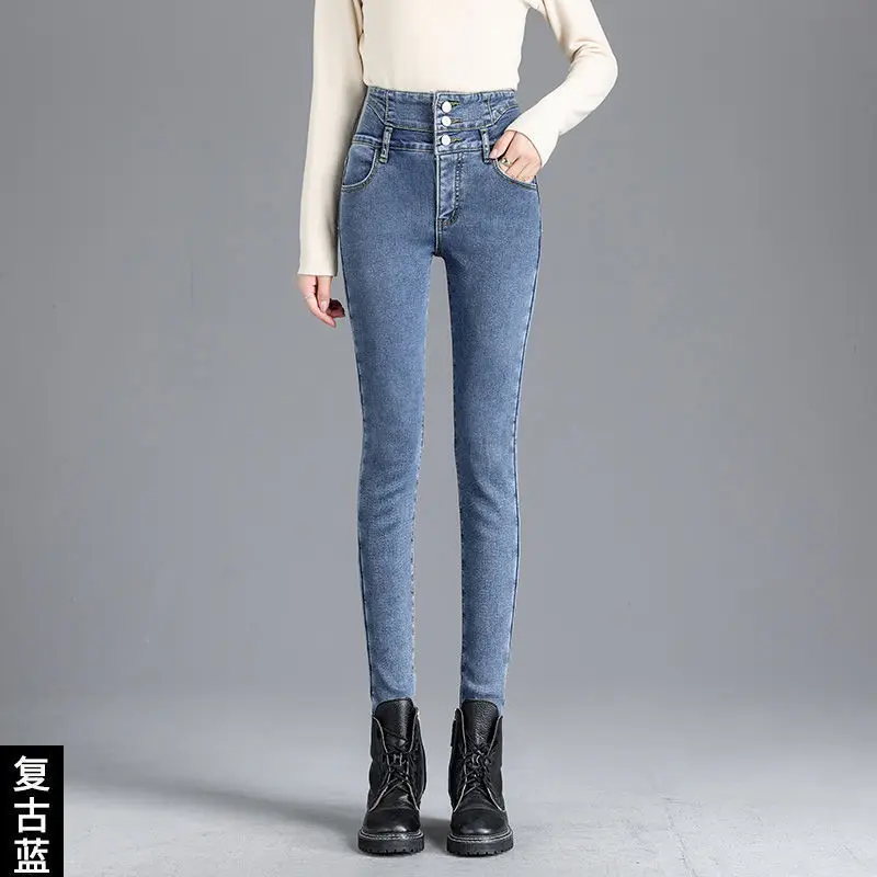 Winter Thick Velvet Women High Waist Skinny Jeans Simple Fleece Warm Slim Fit Stretch Ladies Casual Denim Mom Pencil Pants