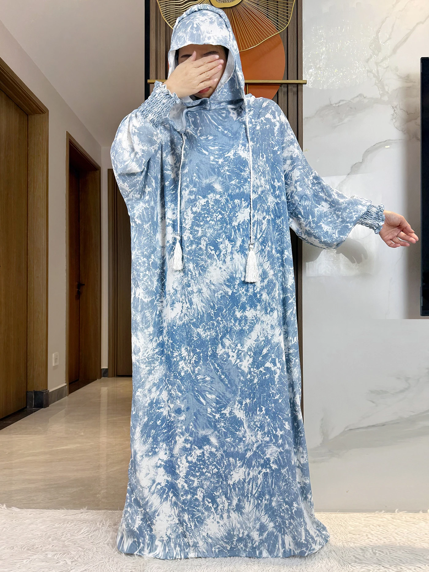 2025 Latest Tie-dye Cotton Abaya Muslim Ramadan Prayer Clothing With Hooded Jalaba Solid Casual Batwing Sleeve Robe Eid Djellab