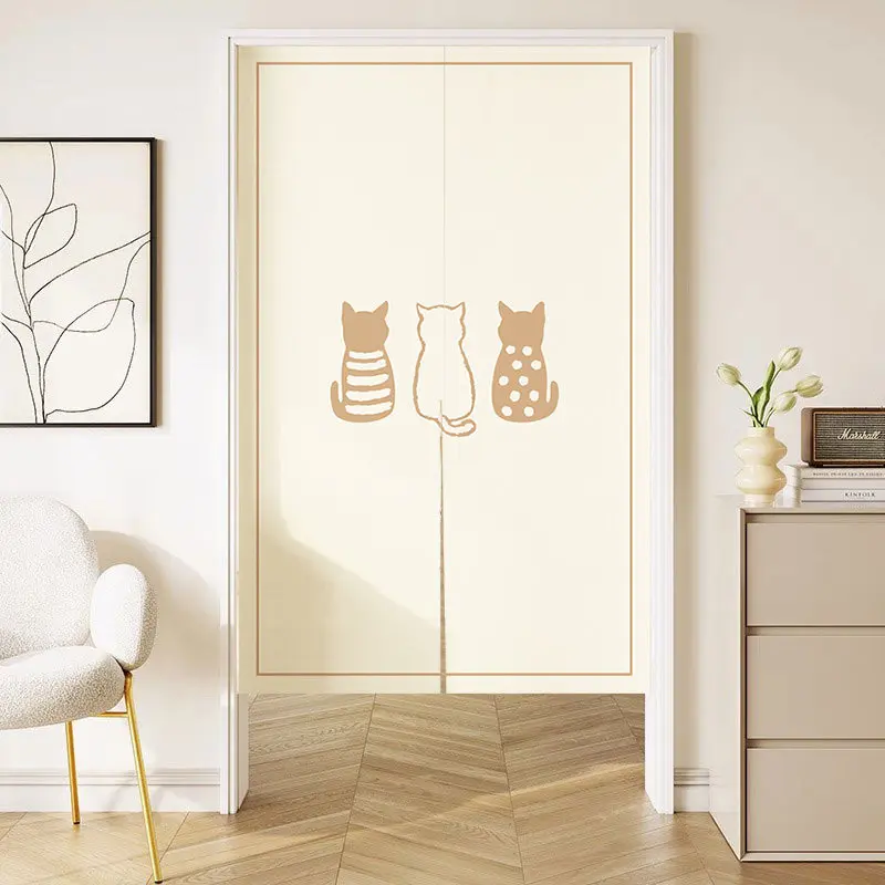 VIKAMA Three Cats Silhouette Noren Door Curtain Minimalist Cartoon Hanging Curtain Bedroom Door Partition Cream Style Home Decor