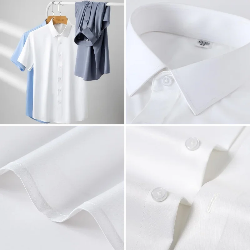 New Stretch Anti-Wrinkle Men\'s Shirts Short Sleeves Dress Shirts For Men Slim Fit Camisa Social Business Blouse White Shirt