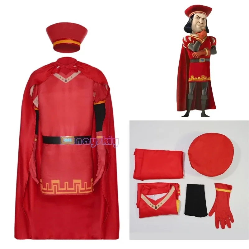 Lord Farquaad Cosplay Anime Kostüm Uniform Umhang Handschuh Hut Set Mittelalter Cosplay Halloween Party Rotes Outfit für Kinder Frauen Männer