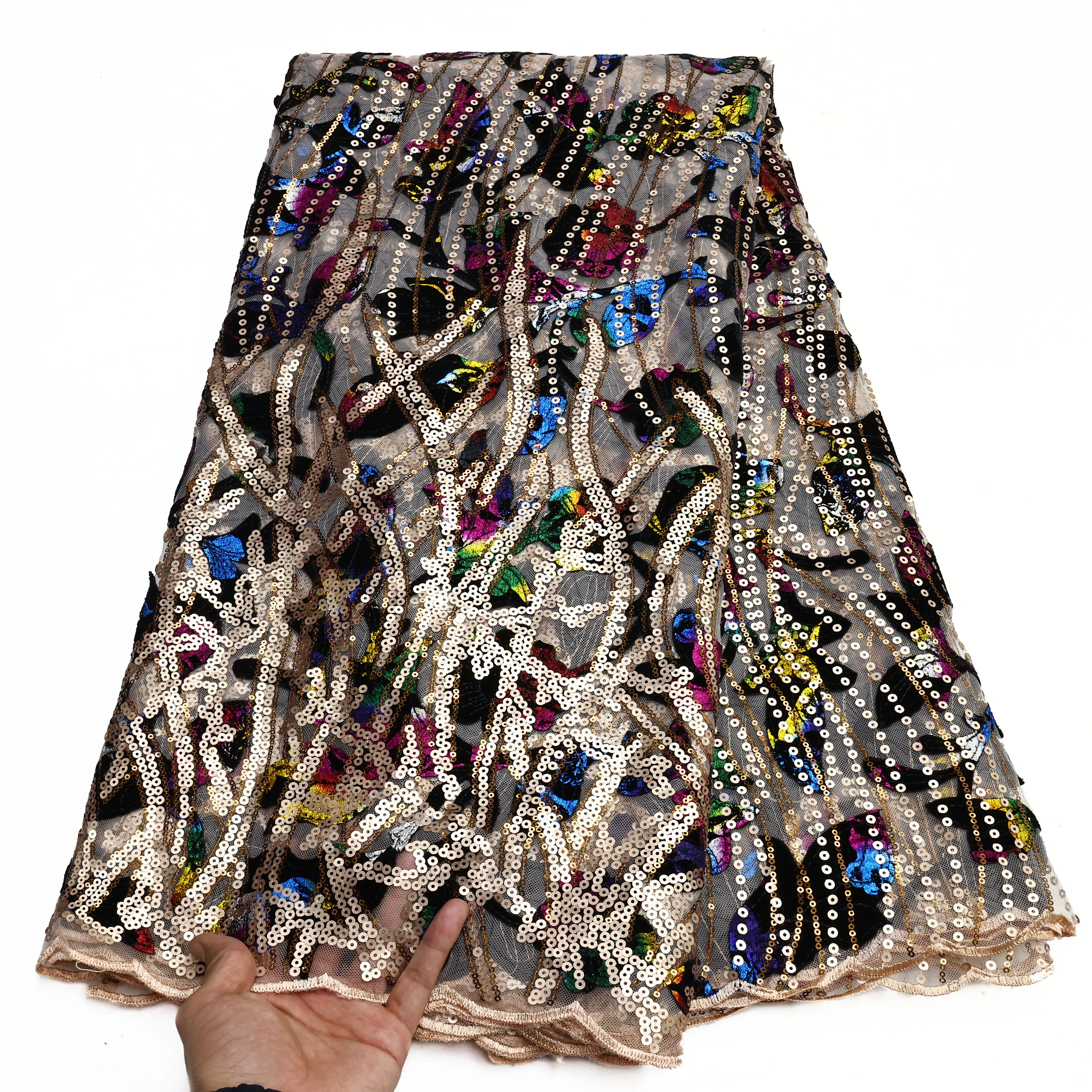 新着スパンコールレース生地アフリカ最新チュールレース素材高級刺繍スパンコールメッシュウェディングパーティードレス生地