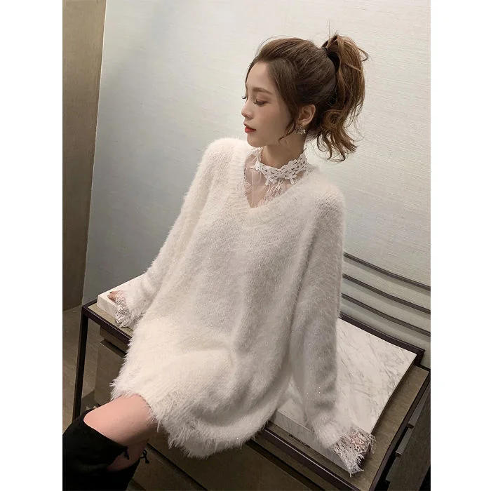 Women Sweater Long Sleeve Top Knitted Pullover V-Neck Fashion Woman Bright Silk 2023 Basic Female Clothing s T293