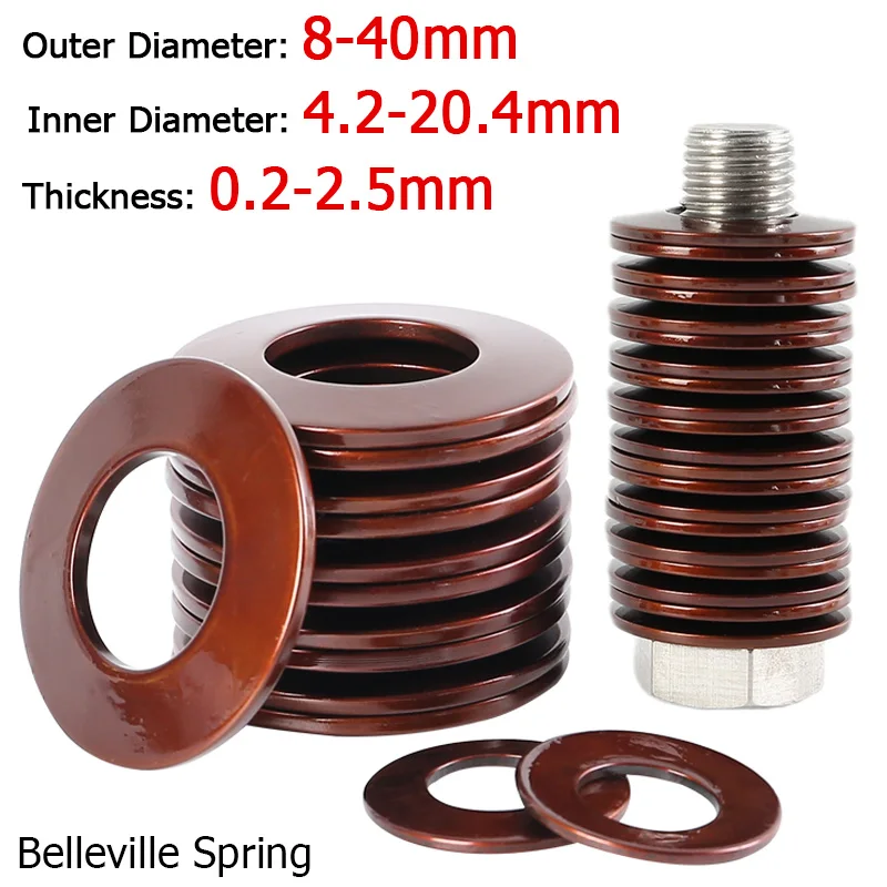 1-50pcs 60Si2MnA Belleville Compression Spring Washer Disc Spring Outer Diameter 8-40mm Inner Dia 4.2-20.4mm Thickness 0.2-2.5mm