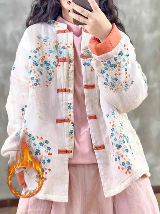 

Retro Floral New Chinese Sle Women's Cotton Jaet Coat Winter Thiened Long Sve round Ne Button up Cotton Linen Coat