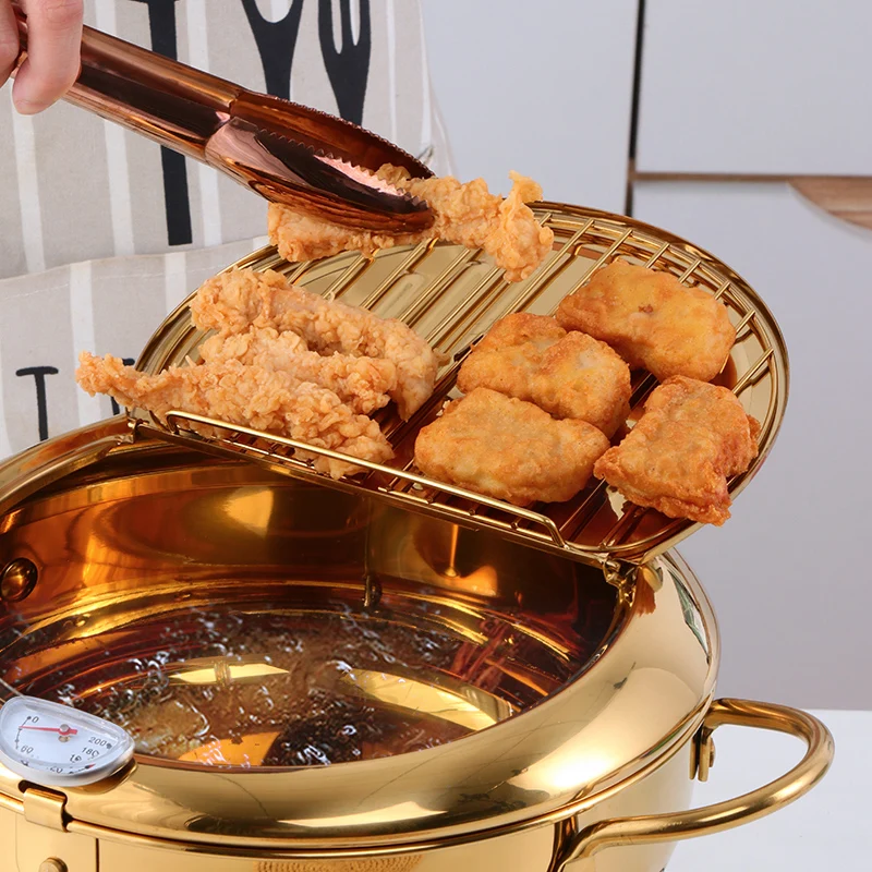 Deep Frying Pot With Thermometer Stainless Steel Kitchen Tempura Chicken Fryer Pan With Basket And Lid Nonstick Fries Fryer Pan