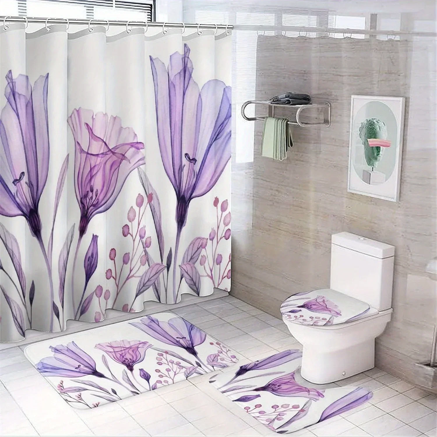 

Lavender Purple Flowers 4pcs Shower Curtain Sets, Rugs, Toilet Lid Cover and Bath Mat for Bathroom Decor Set