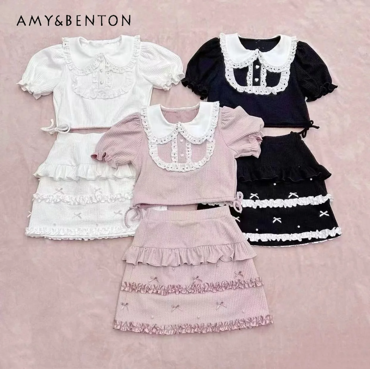 

Summer Japanese Sweet Doll Collar Short-Sleeved Top Ruffled Mini Skirt Two Piece Sets Womens Outifits Kawaii Lolita Skirt Sets