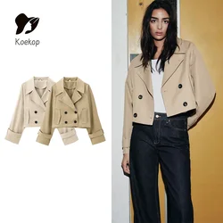 Koekop Women's Fashion Solid Color Trench Coat Style Jacket Coat Vintage Casual Chic Temperament Lady Short Jacket Coat