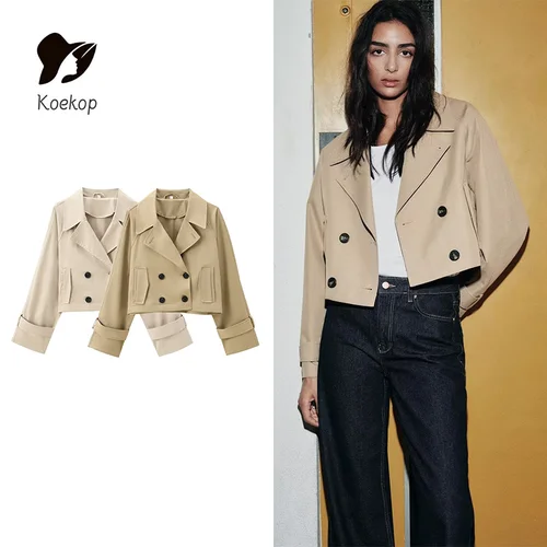 Koekop, gabardina de Color sólido a la moda para mujer, chaqueta estilo abrigo, Chaqueta corta Vintage informal elegante con temperamento para mujer