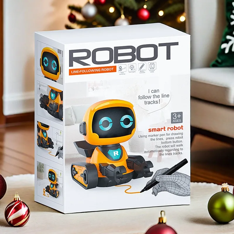Smart Line-Tracking Robot Toy with Sound Effects – Interactive Orange & White Educational Robot for Kids' STEM Summer Gifts