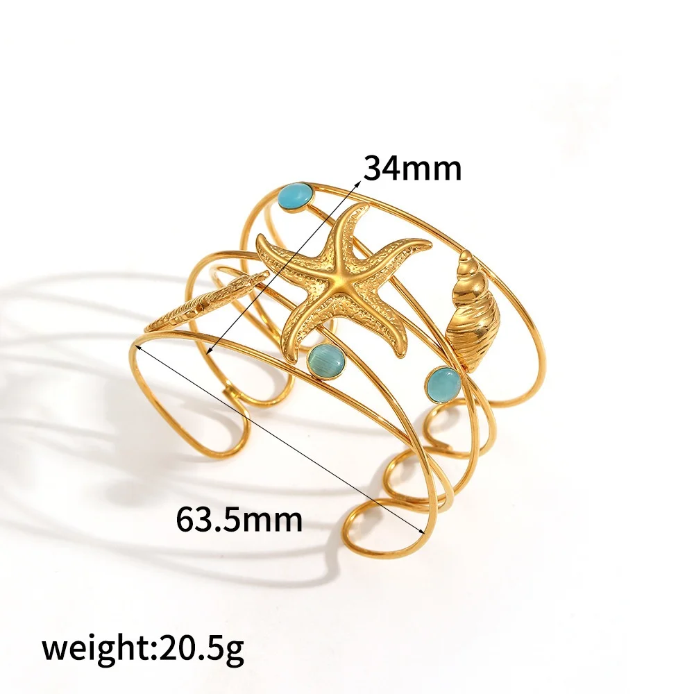 Wholesale Stainless Steel Wide Open Bangle Titanium Starfish/Jellyfish/Shell/Butterfly Cuff Bracelet Waterproof Layer Jewellery