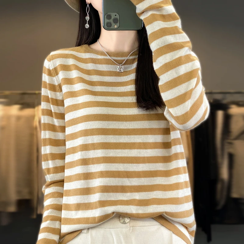 Women's Pullover Spring/Autumn Fine Faux Wool Sweater Casual Striped Knitwear Loose Ladies Tops Round Neck Basic Blouse