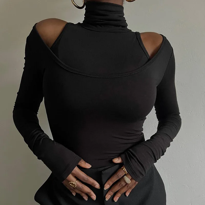 Fashionable Women's T-shirt In Spring and Autumn 2022 New Style High Collar Off Shoulder Black Slim Top 2 Pieces