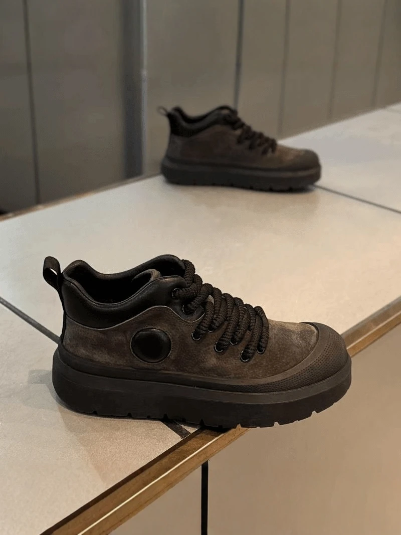 High Top Men's Sports Casual Shoes Thick Bottom Heightening Retro Trend Work Safety Leather Upgraded round Toe Rubber Sole