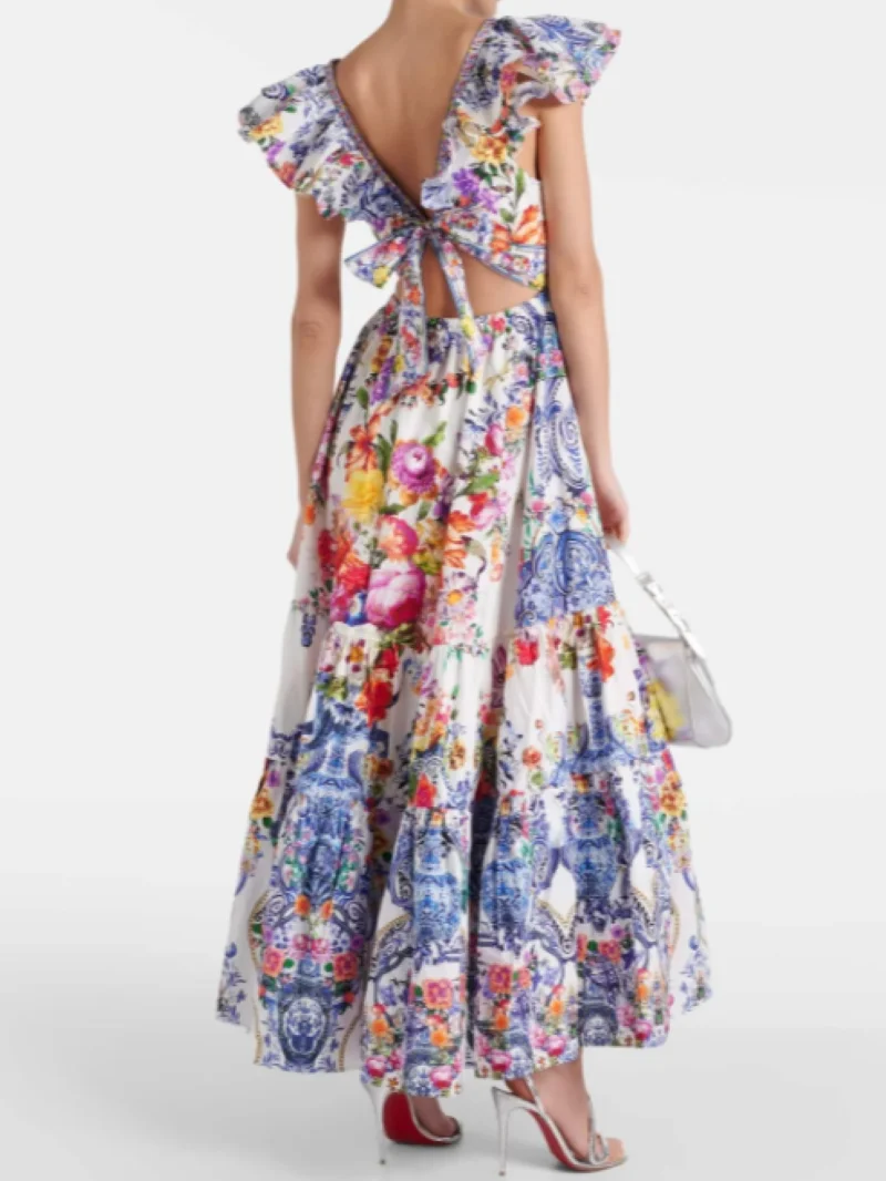 Women Back Bowknot Robe Floral Printed Beaded V-Neck Butterfly Sleeve Elegant Maxi Dress