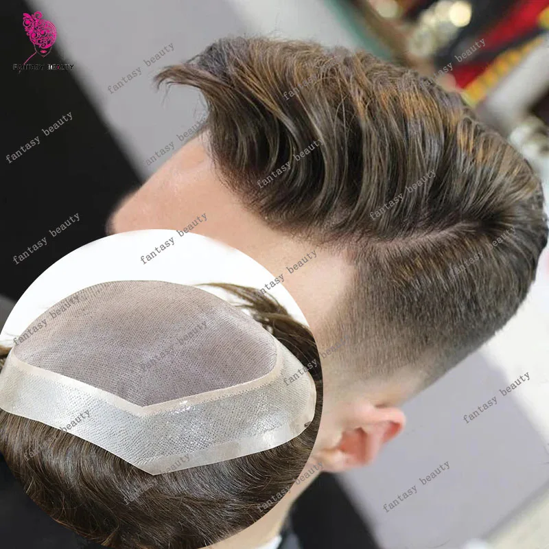 Super Durable Men Wig Brown BlacK Human Hair Toupee Fine Mono Lace Top &Skin Pu Base Hairpiece Male Prosthesi Replacement System