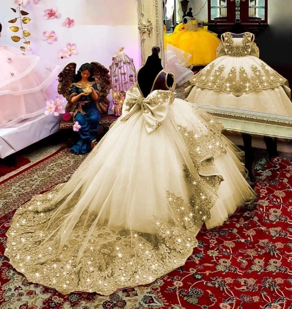 2024 nueva flor vestido de niña para boda tul hinchado encaje rebordear sin mangas con lazo princesa vestidos de baile vestido de fiesta de cumpleaños