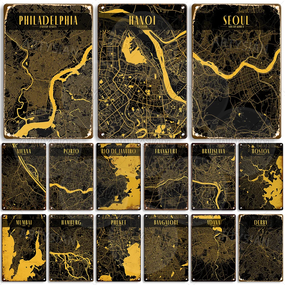 Black Gold City Map Tin Sign Berlin Vienna Seoul Boston Las Vegas Frankfurt Houston Hamburg Mumbai Metal Plaque Wall Decor