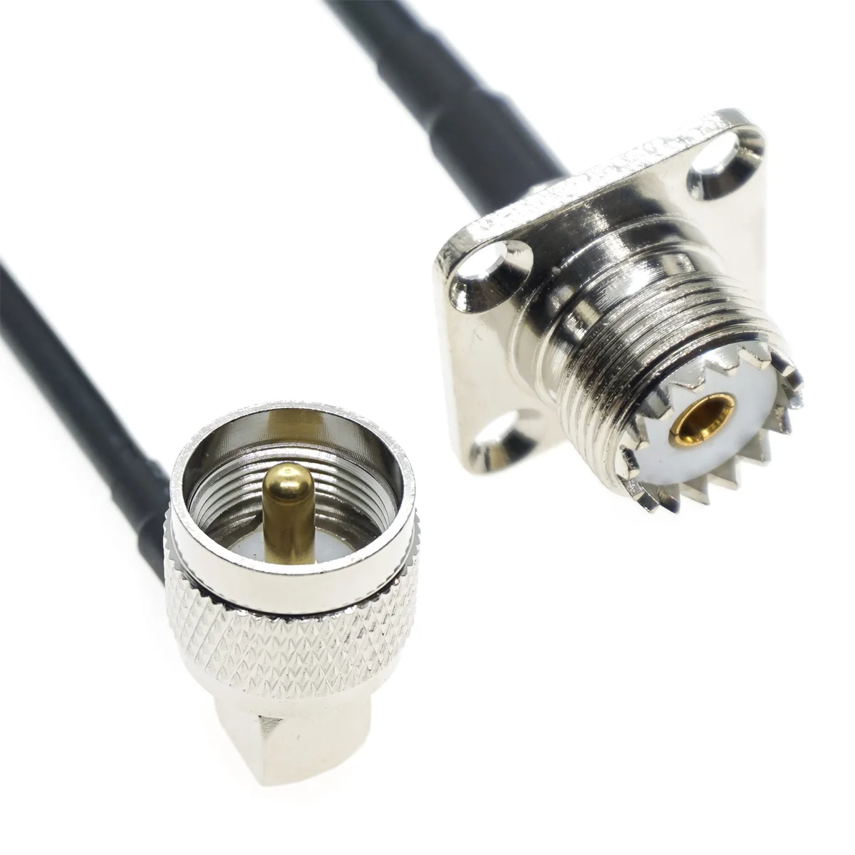 

RG58 UHF Male Right Angle PL259 to UHF Female Flange 4 hole Crimp Lot RF Coax Pigtail Jumper 50ohm Cable