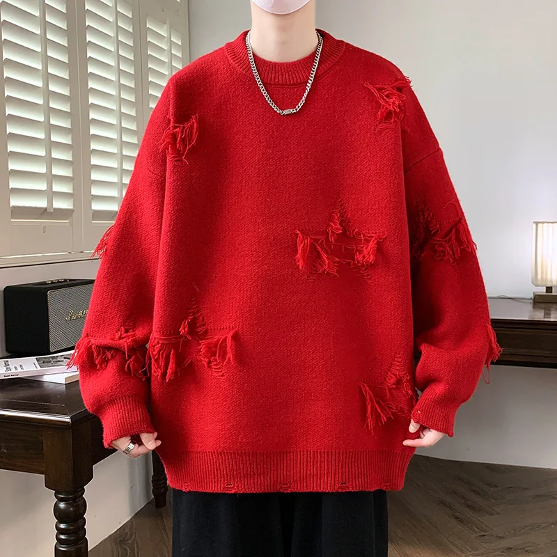 

Men's Sweater with Ripped Holes and Tassels, Designer Star Long Sleeve Knitwear,Crew Neck Casual Men's Clothing