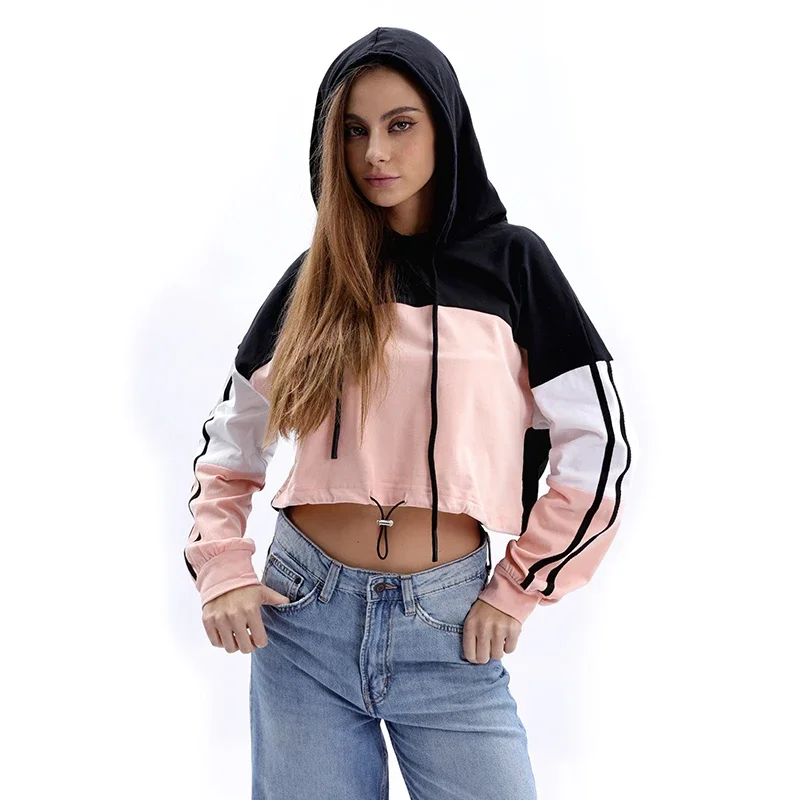 

Adjustable Unisque Short Hoodie Sweatshirt Women's Patchwork Sweatshirt Casual Loose Pullover Comfortable Street Wear with Hat