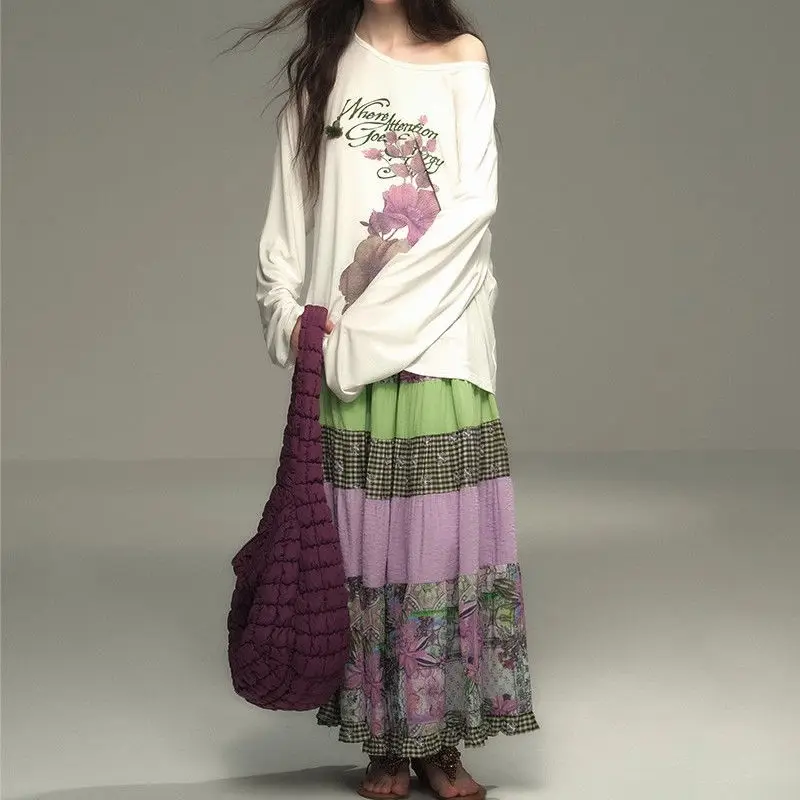 

Canvas Tour Heavy Duty 7 Layer Patchwork Vintage Midi Skirt 2025 Elastic Waist Acrylic Blend Artistic Asymmetric Boho Maxi Skirt