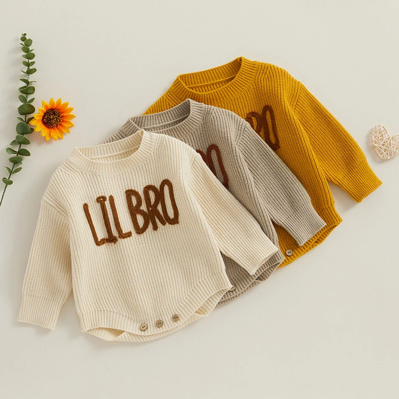 

Suefunskry Newborn Baby Knitted Long Sleeve Autumn Winter Sweater Romper, O-Neck Letter Embroidery Crotch Button Bodysuit