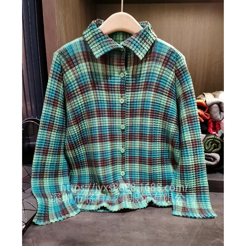 مياكي منقوشة مطوي قميص بلوزة الأدبية طويلة الأكمام واحدة الصدر ركاب تنوعا سترة بولو طوق بلوزة المرأة #2