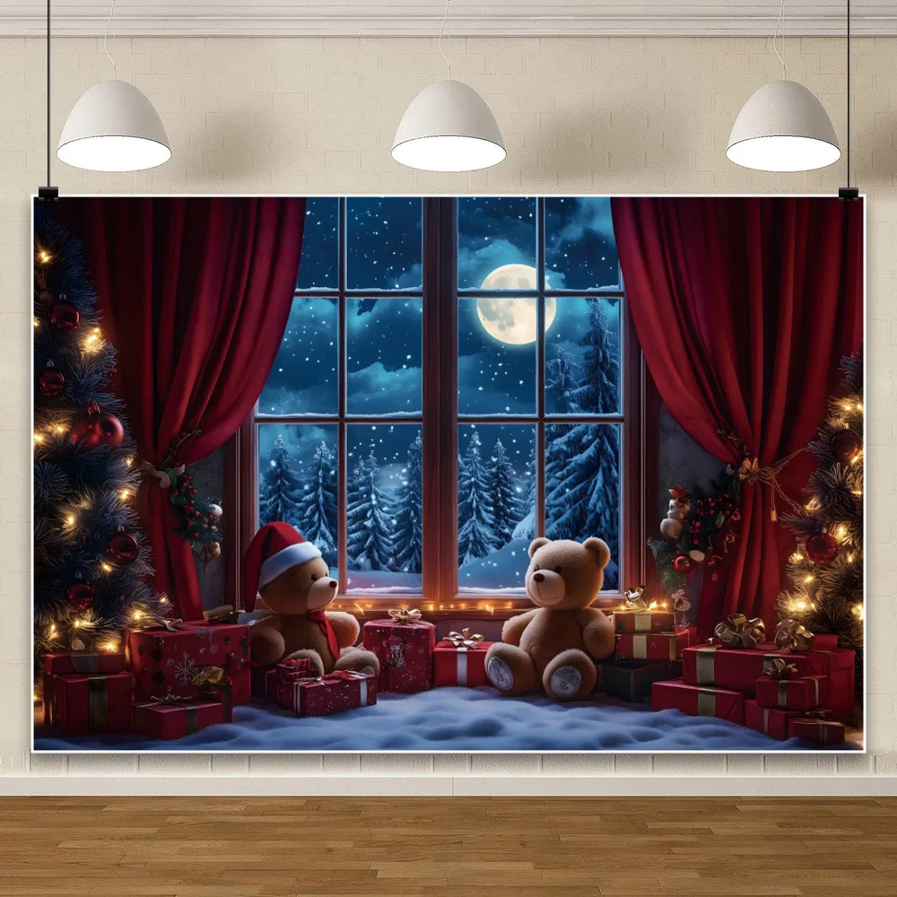 Christmas Backdrop 2024 Winter Window Xmas Tree Snowy Night Teddy Bear Christmas Canvas Photography Background Photo Studio Prop