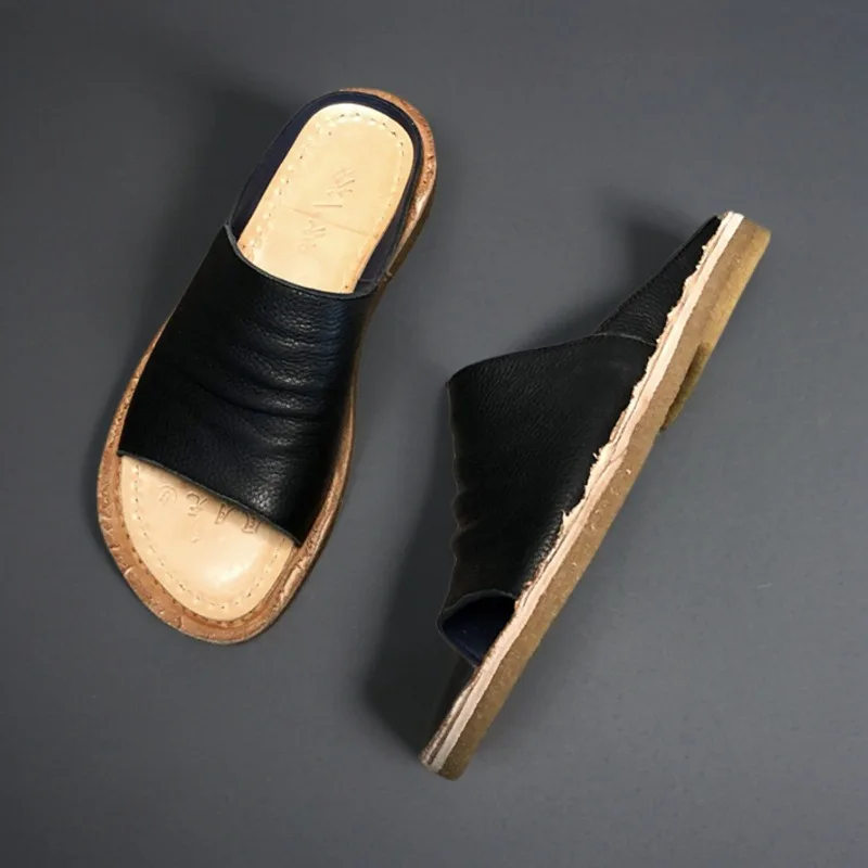 Handmade Trendy Fashion Slippers Men's Shoes Genuine Leather Open Toe Office Casual Soft Sole Summer Beach Sandls Male