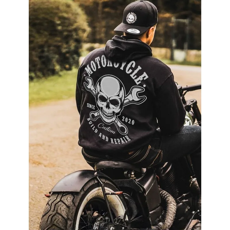 

Heavy American Street Style Skull Print Hoodie, Black Rock Motorcycle Trendy Clothing