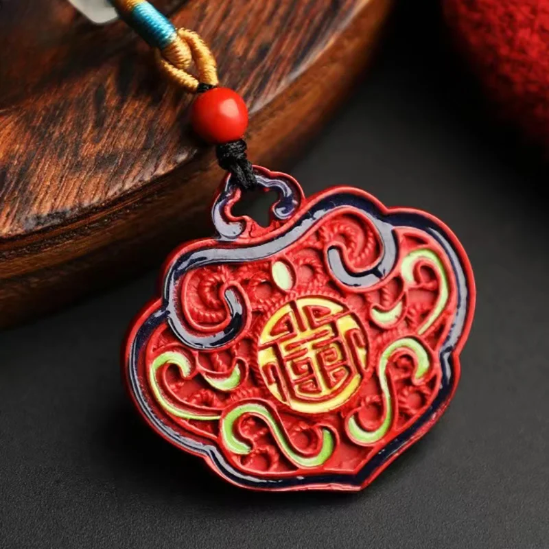 Cinnabar Water Flying Sand Painted Thangka Ruyi Lock Pendant