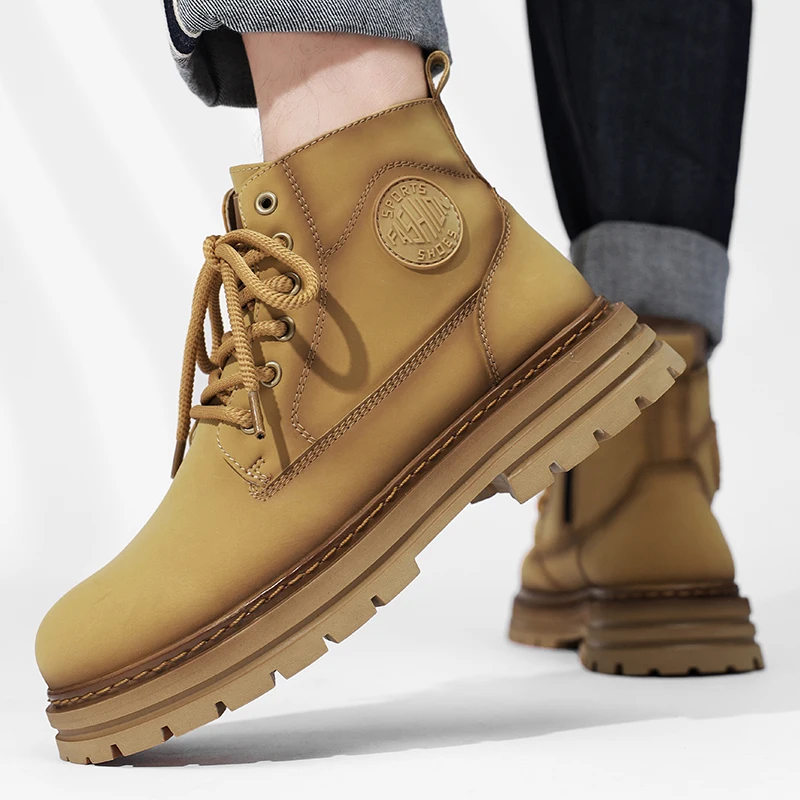 أحذية رجالية عالية الجودة، أحذية جلدية عتيقة عالية الجودة، أحذية رياضية عصرية للاستخدام الخارجي، أحذية كاحل مضادة للانزلاق برباط للرجال