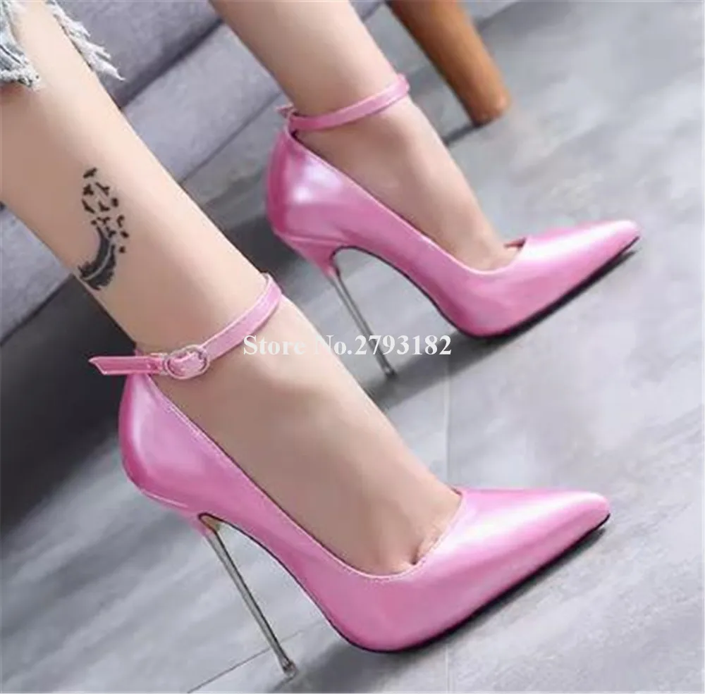 

Sexy Super High 13cm Metal Stiletto Heel Pumps Pointed Toe Pink Red White Patent Leather Thin Heel Party Heels