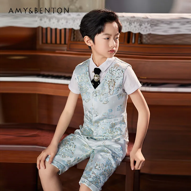

2026 Summer New Boys High End Embroidery Print Formal Suit Set Kids Short-sleeve Blazer Vest and Trousers Piano Performances Set