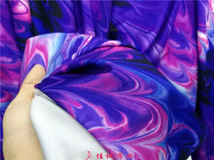 YLM Large Stretch Spandex Fabric Purple Flame Printed Bradin Dance Wear Swimsuit Dress DIY Fabric