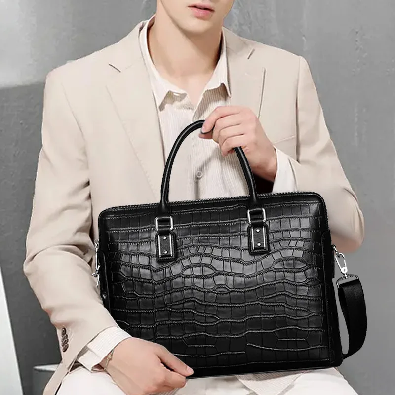 New New Genuine Leather Men's Briefcase Crocodile Embossed Business Handbag Large Capacity Laptop Bag 2-Way Shoulder Tote for Daily - Aliexpress Deal