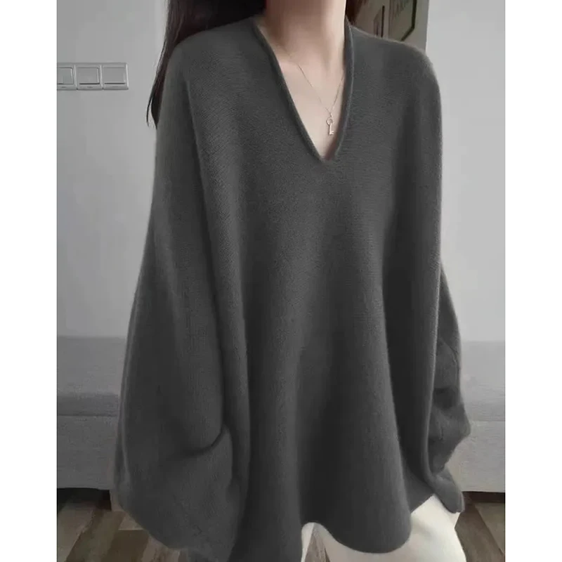 Korean Elegant Solid Knit Pullover Women Long Sleeve Loose Lazy Sweater Harajuku Y2K V Neck Black Street Fashion Casual Top
