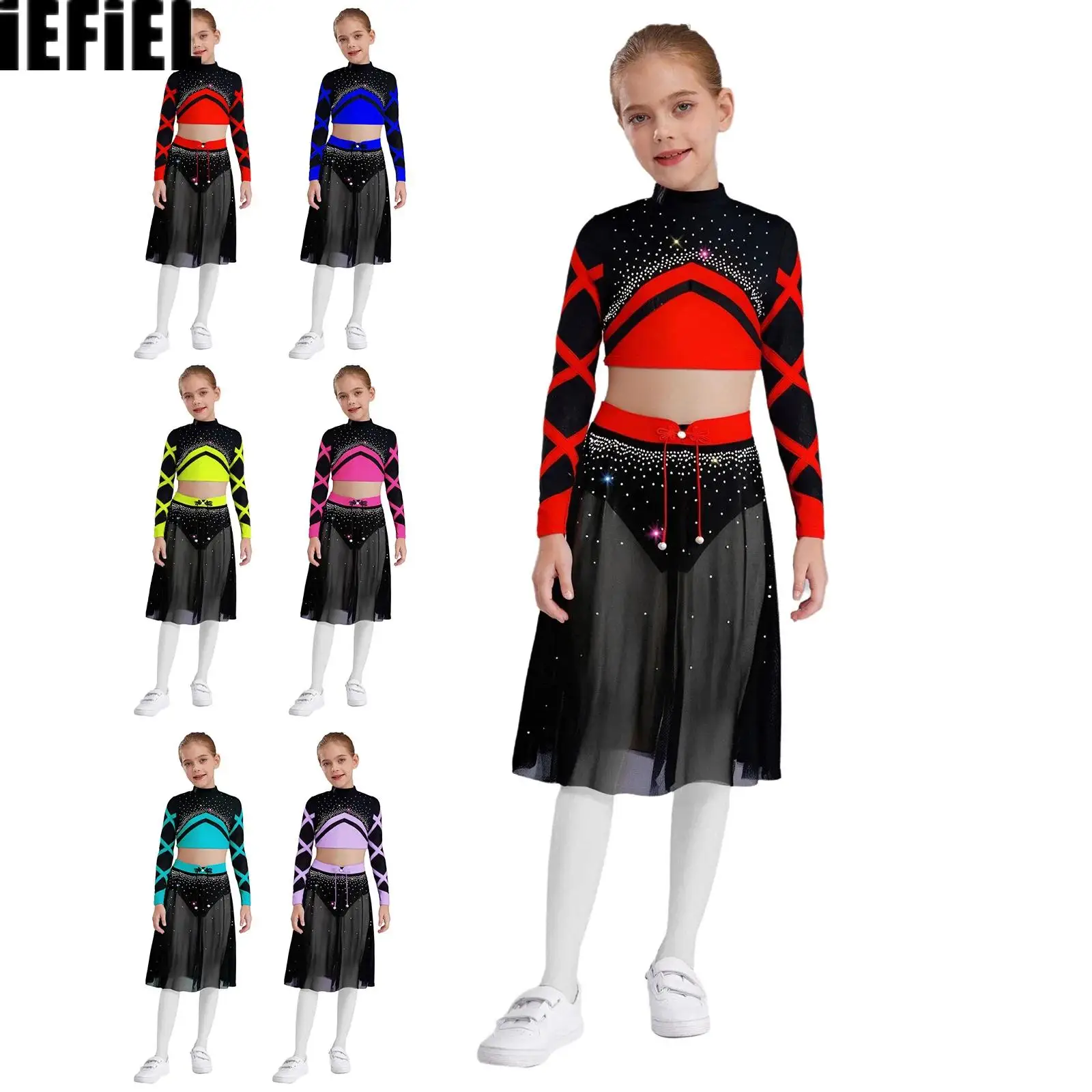 

Kids Girls Mesh Dance Sets Color Block Long Sleeve Keyhole Back Shiny Rhinestones Crop Top with Knot Button Side Split Skirt